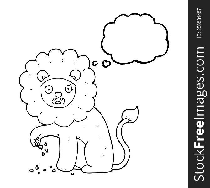 freehand drawn thought bubble cartoon lion with thorn in foot