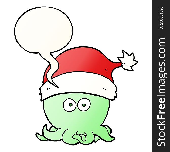 Cartoon Octopus Wearing Christmas Hat And Speech Bubble In Smooth Gradient Style