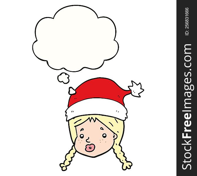 cartoon girl wearing christmas hat with thought bubble