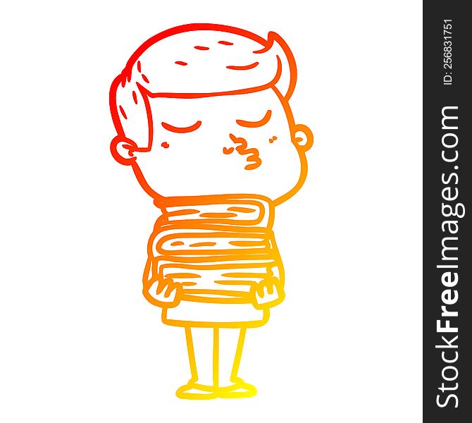 warm gradient line drawing of a cartoon model guy pouting holding books