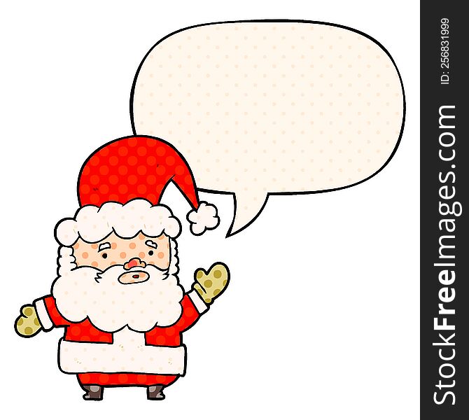 Cartoon Santa Claus Waving And Speech Bubble In Comic Book Style