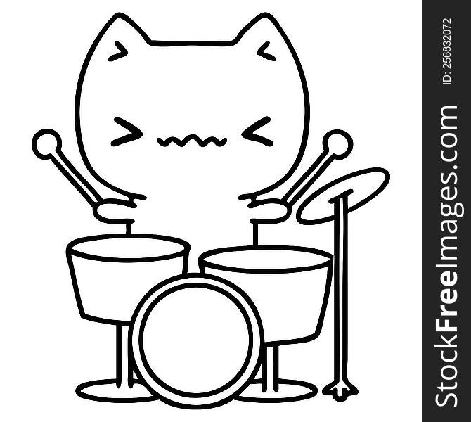 line doodle of a cute cat playing the drums. line doodle of a cute cat playing the drums