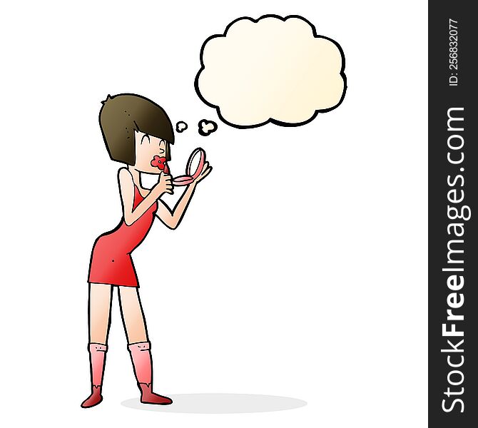 Cartoon Woman Applying Lipstick With Thought Bubble