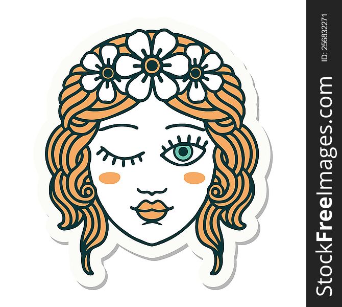 sticker of tattoo in traditional style of a maidens face winking. sticker of tattoo in traditional style of a maidens face winking