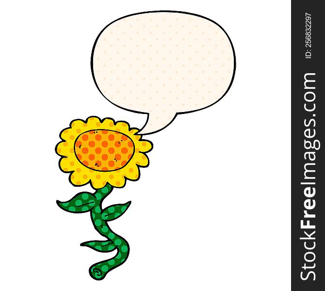 cartoon sunflower with speech bubble in comic book style