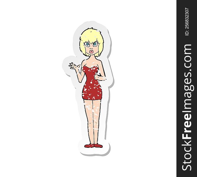 retro distressed sticker of a cartoon confused woman in cocktail dress