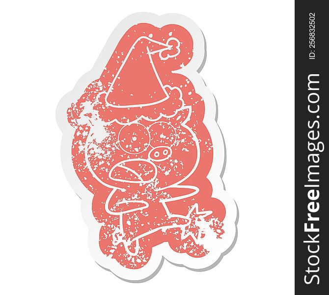 quirky cartoon distressed sticker of a pig shouting and kicking wearing santa hat