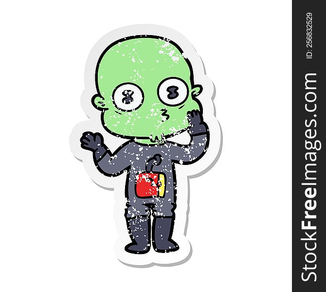 Distressed Sticker Of A Cartoon Weird Bald Spaceman