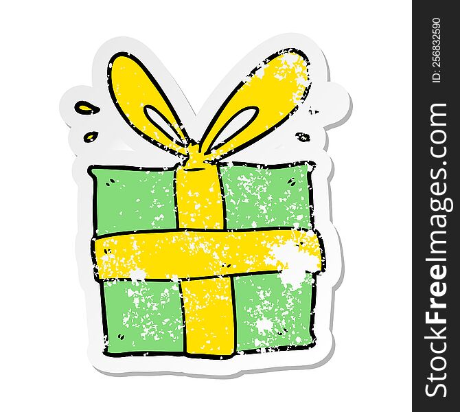 distressed sticker of a cartoon wrapped gift