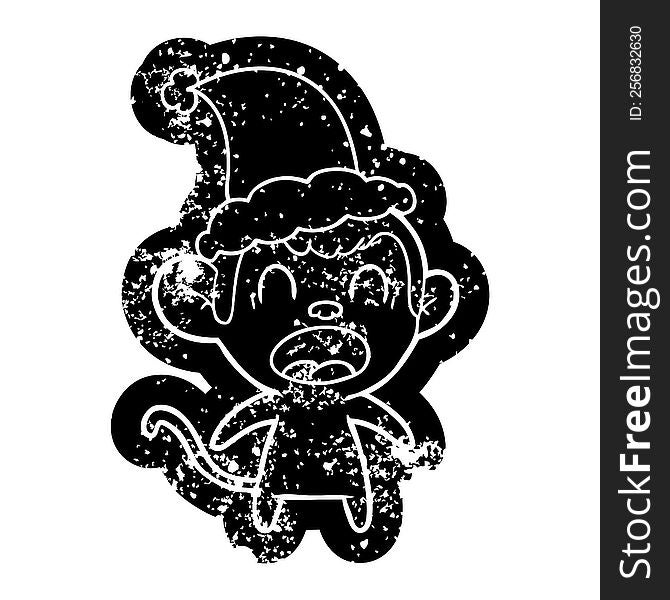 shouting quirky cartoon distressed icon of a monkey wearing santa hat