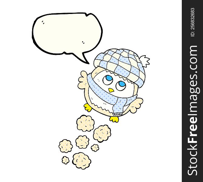 freehand drawn comic book speech bubble cartoon cute little owl flying