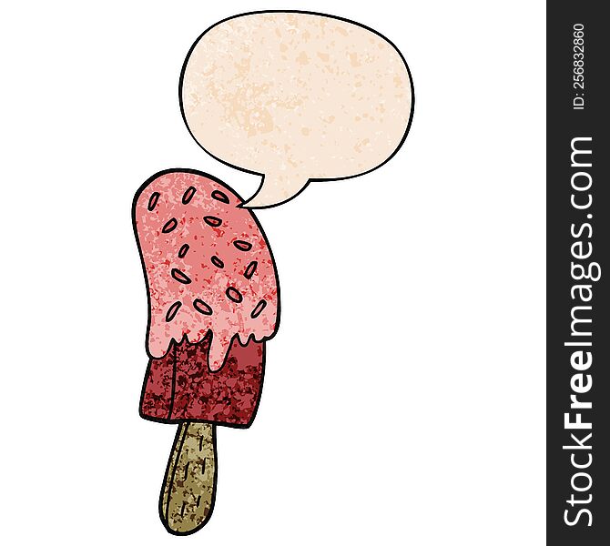 cartoon ice cream lolly with speech bubble in retro texture style
