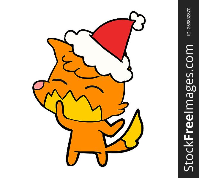 hand drawn line drawing of a fox wearing santa hat