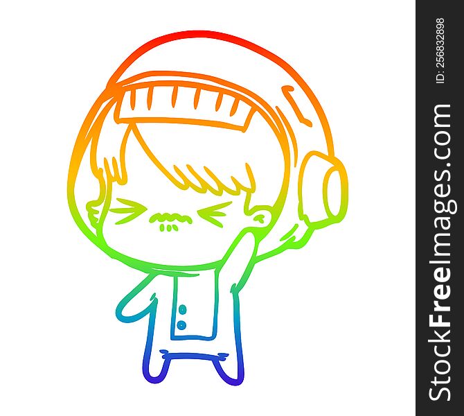 rainbow gradient line drawing of a angry cartoon space girl waving