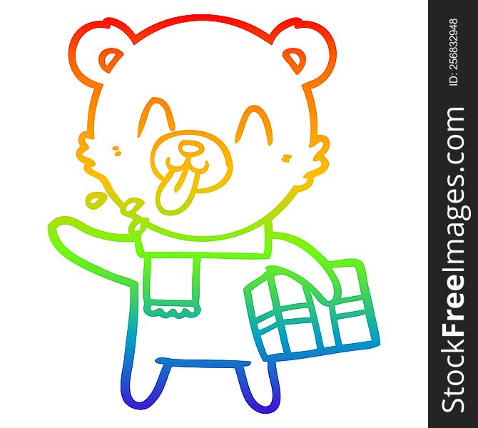 Rainbow Gradient Line Drawing Rude Cartoon Bear With Present