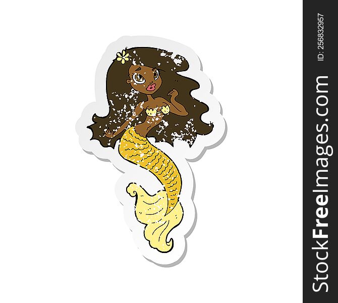 retro distressed sticker of a cartoon pretty mermaid