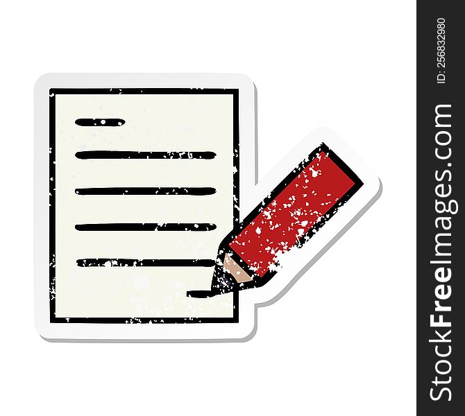 distressed sticker of a cute cartoon of writing a document