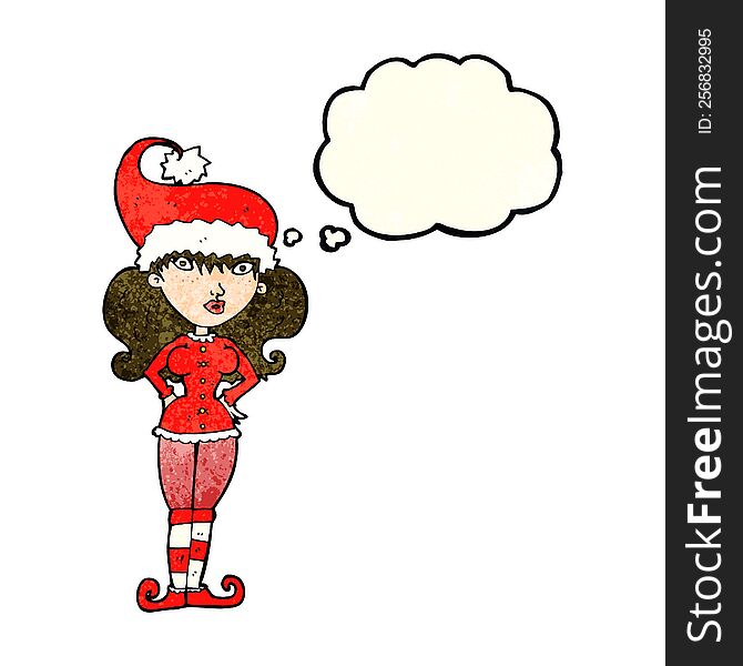 cartoon santa s helper woman with thought bubble