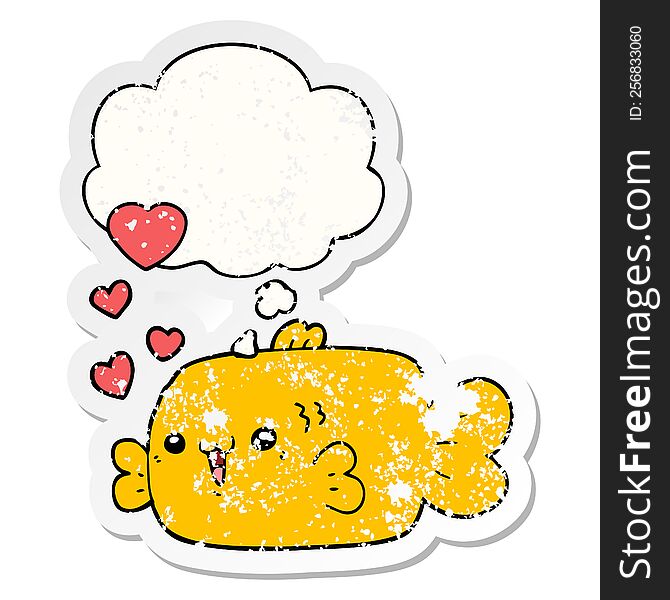 cute cartoon fish with love hearts with thought bubble as a distressed worn sticker