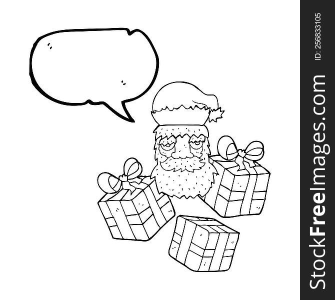 freehand drawn speech bubble cartoon tired santa claus face with presents