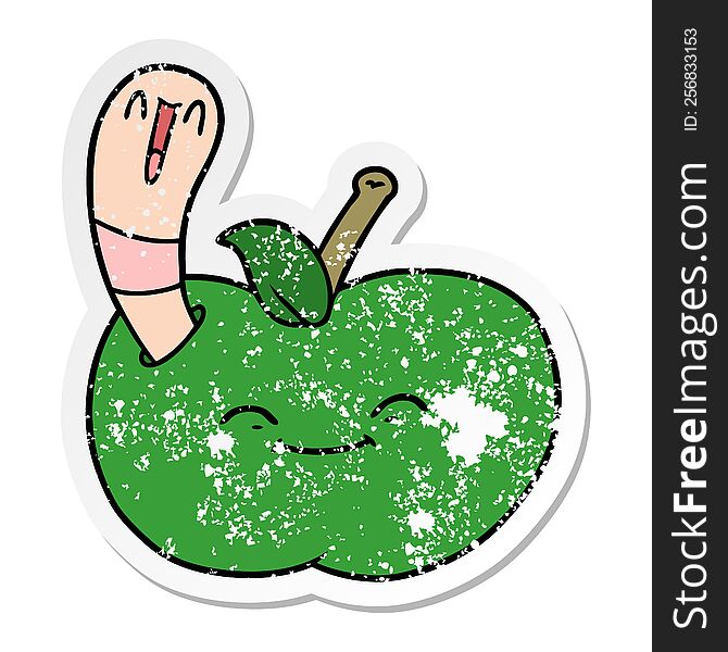 distressed sticker of a cartoon happy worm in an apple