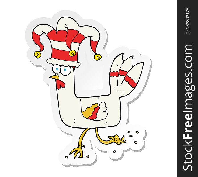 sticker of a cartoon chicken running in funny hat