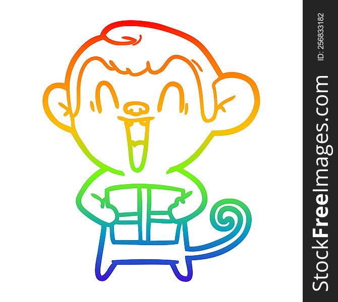 Rainbow Gradient Line Drawing Cartoon Laughing Monkey