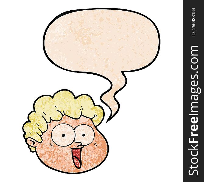 cartoon male face with speech bubble in retro texture style