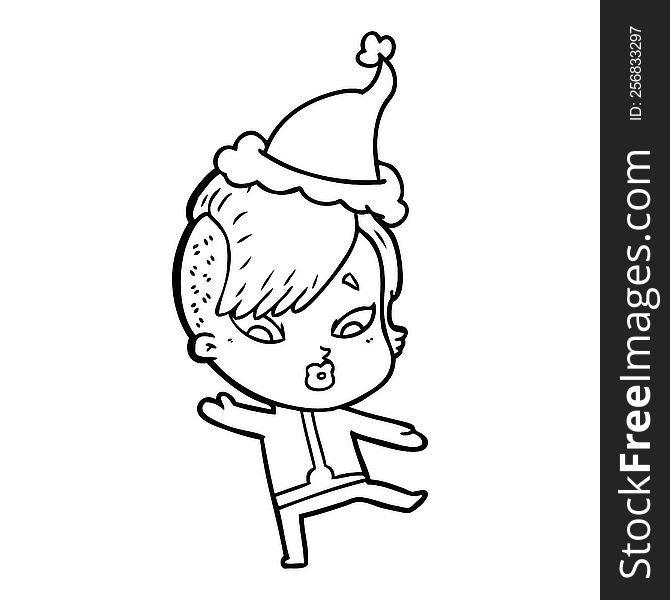 Line Drawing Of A Surprised Girl In Science Fiction Clothes Wearing Santa Hat