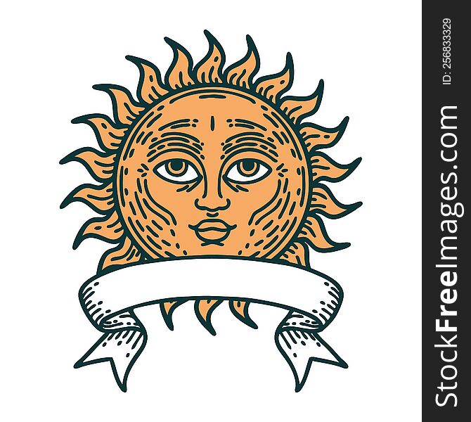 Tattoo With Banner Of A Sun With Face