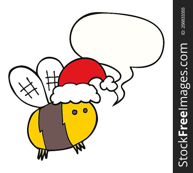 Cute Cartoon Bee Wearing Christmas Hat And Speech Bubble