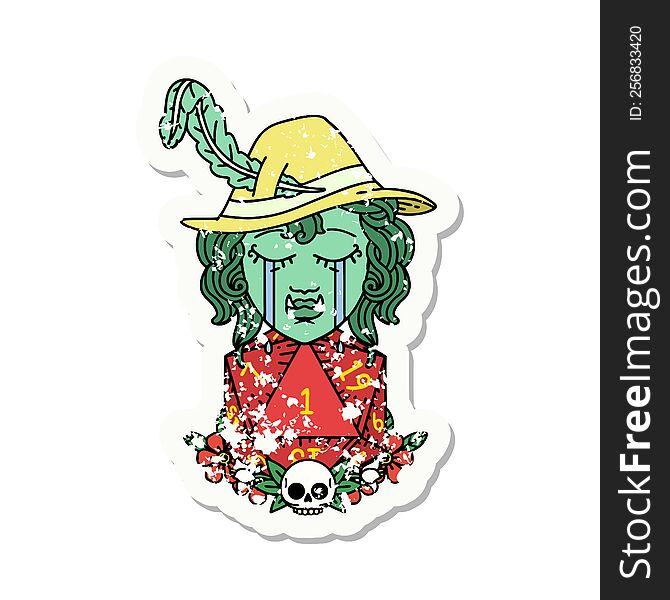 grunge sticker of a crying bard orc bard character with natural one D20 roll. grunge sticker of a crying bard orc bard character with natural one D20 roll