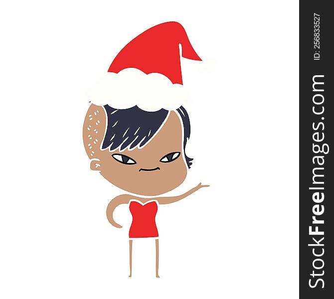 cute hand drawn flat color illustration of a girl with hipster haircut wearing santa hat