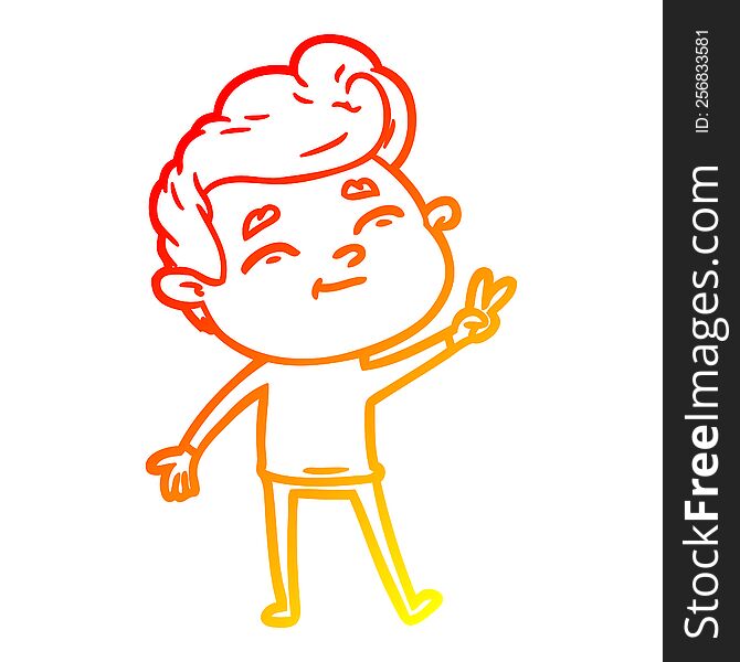 Warm Gradient Line Drawing Happy Cartoon Man Giving A Peace Sign
