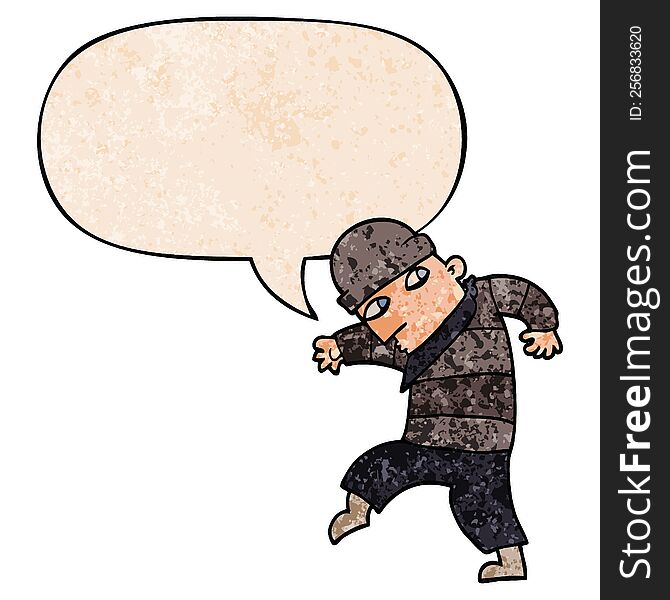 cartoon sneaking thief with speech bubble in retro texture style