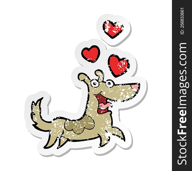 distressed sticker of a cartoon dog with love hearts