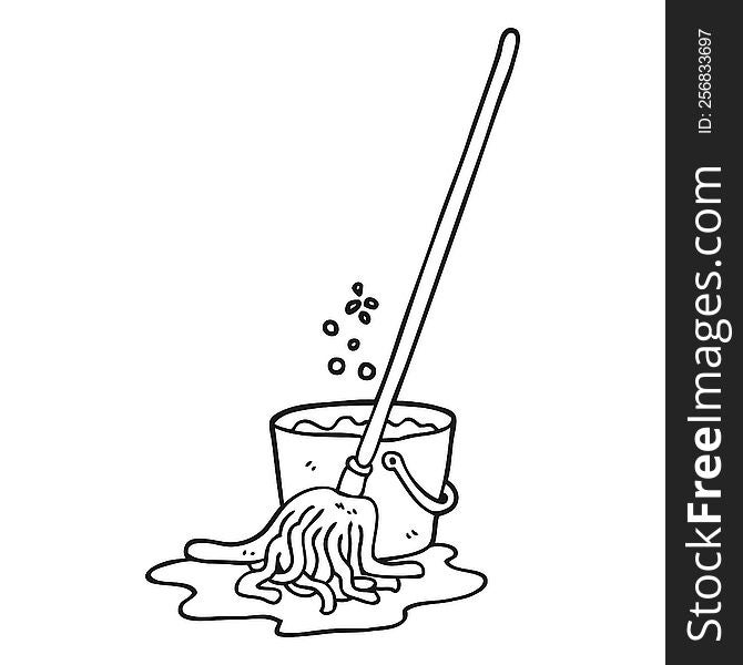 freehand drawn black and white cartoon mop and bucket