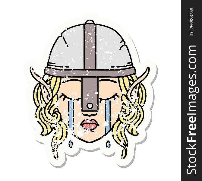 grunge sticker of a crying elven fighter character face. grunge sticker of a crying elven fighter character face