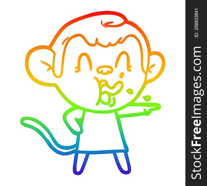 Rainbow Gradient Line Drawing Crazy Cartoon Monkey In Dress Pointing