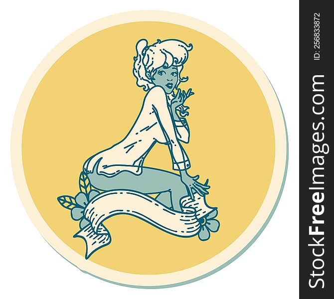 tattoo style sticker of a pinup girl wearing a shirt with banner