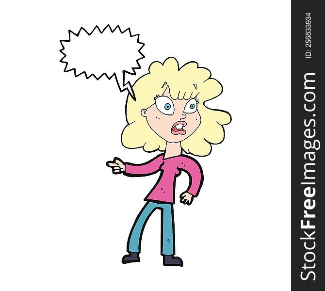 Cartoon Worried Woman Pointing With Speech Bubble