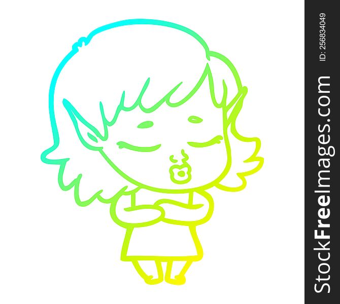 Cold Gradient Line Drawing Shy Cartoon Elf Girl