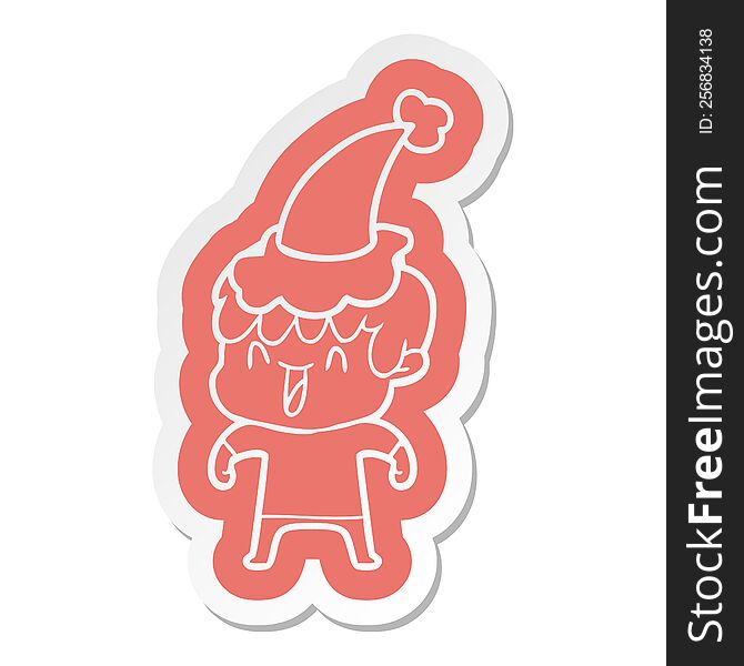 quirky cartoon  sticker of a laughing boy wearing santa hat
