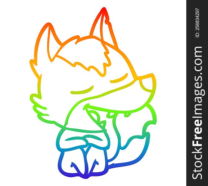 rainbow gradient line drawing of a cartoon wolf sitting laughing