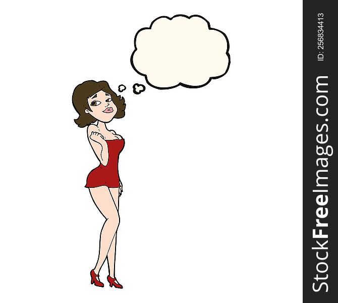 Cartoon Attractive Woman In Short Dress With Thought Bubble