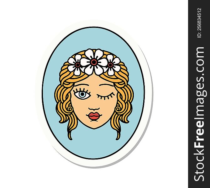 sticker of tattoo in traditional style of a maiden with crown of flowers winking. sticker of tattoo in traditional style of a maiden with crown of flowers winking