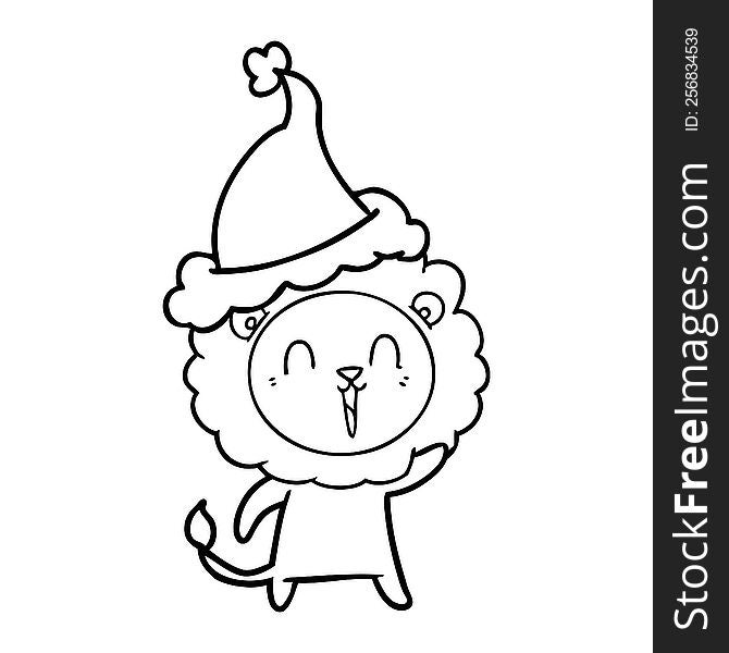 Laughing Lion Line Drawing Of A Wearing Santa Hat