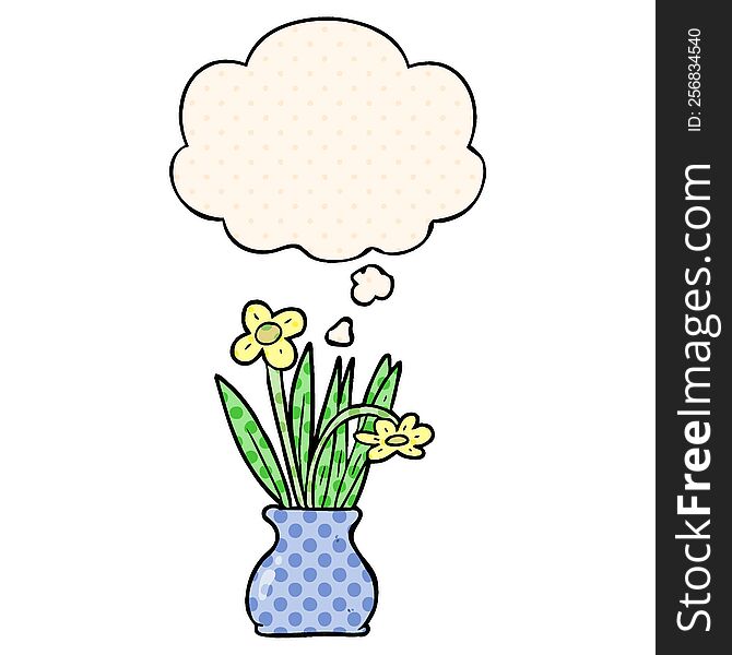 cartoon flower in pot with thought bubble in comic book style