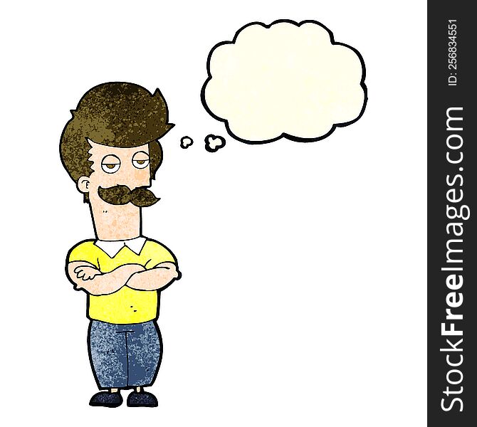 cartoon mustache muscle man with thought bubble