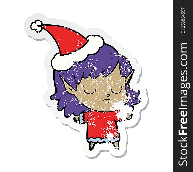 distressed sticker cartoon of a elf girl wearing santa hat